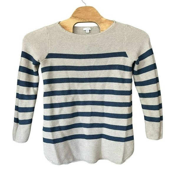 J.Jill Cream Blue Striped Knit Pullover Scoop‎ Neck Sweater Womens M - Picture 1 of 5